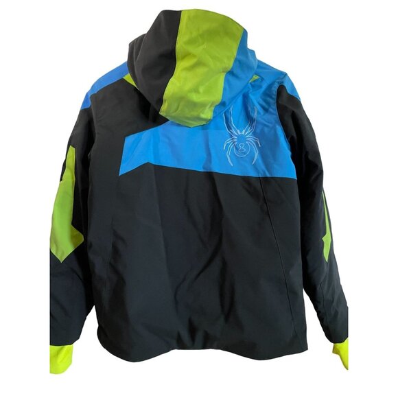 Spyder Kids Sz L 16 Ski Snow Jacket  Coat Black/Blue/Green Waterproof Warm Hood - Picture 2 of 6